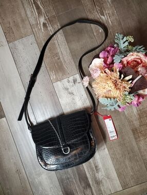 NWT S.Oliver Chic Black Croc-Embossed Faux Leather Crossbody Bag Purse
